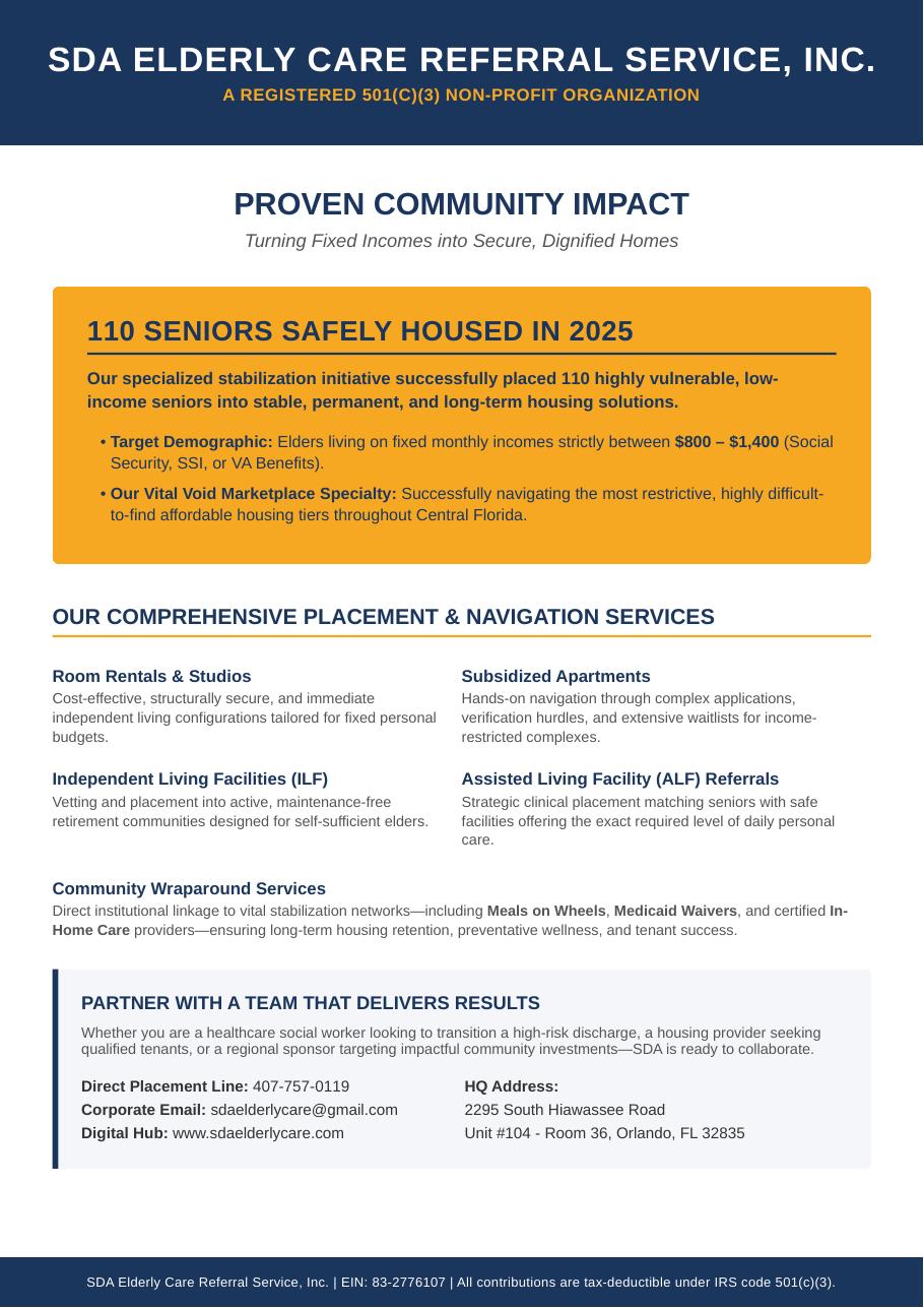 SDA Elderly Care 2025 community impact flyer